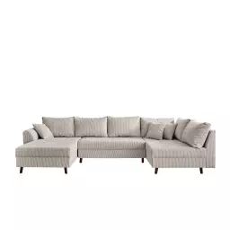 Canapé d’angle droit 7 places en velours côtelé gris clair
