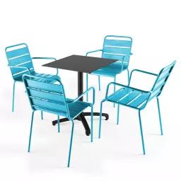 Ensemble table de jardin stratifié noir et 4 fauteuils bleu