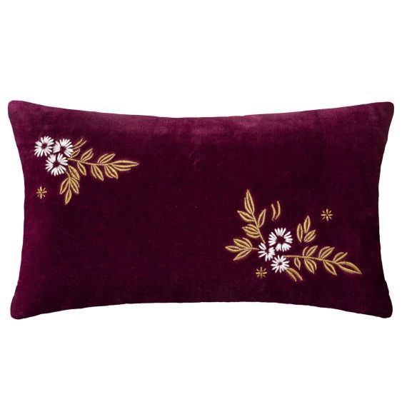 Coussin en velours fleuri or rouge 50 x 30