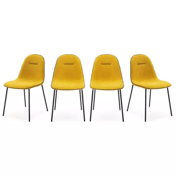 Lot de 4 chaises en tissu jaune moutarde avec liseré gris gris