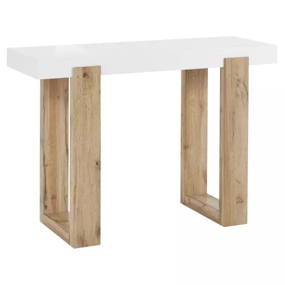 Table console en bois massif blanc et pieds en chêne