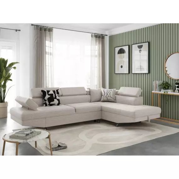 Canapé d’angle RIO Convertible avec coffre en tissu – Angle Droit, Beige – 271 x 192 x 85 cm – Usinestreet