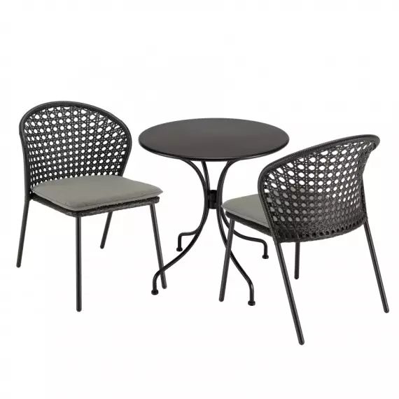 Salon de jardin 2 pers – table ronde D70 et 2 chaises grises et noires