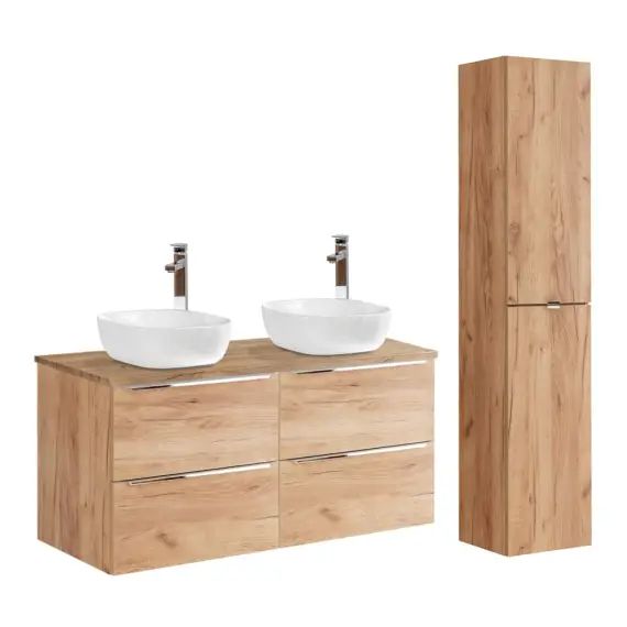 Ensemble meuble double vasque 120cm et colonne stratifiés naturel