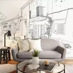 Papier peint panoramique terrasse d’été 450 x 250 cm noir et blanc