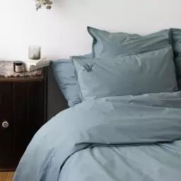 Parure de lit brodée en lin bleu 240×220