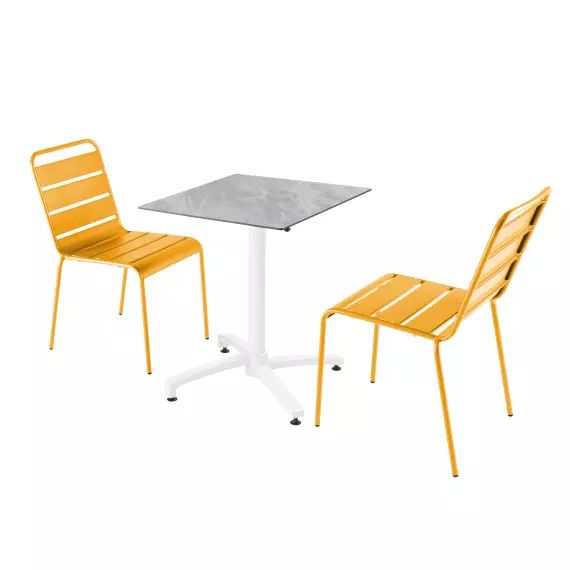 Ensemble table de jardin stratifié marbre et 2 chaises jaune