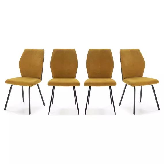 Lot de 4 chaises en tissu jaune moutarde et simili cuir