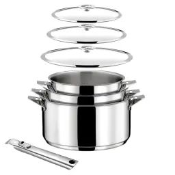 Lot 7 pièces : 3 casseroles, 1 poignée, 3 couvercles en