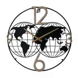 Horloge moderne en métal sculpture mappemonde noir et beige Ø 50 cm