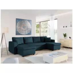 Canapé d’Angle Panoramique MARIA Convertible en tissu – Bleu pétrole – 295 x 146 x 85 cm – Usinestreet