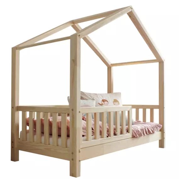 Lit cabane 90×190 barrière et sommier inclus pieds 10 cm naturel