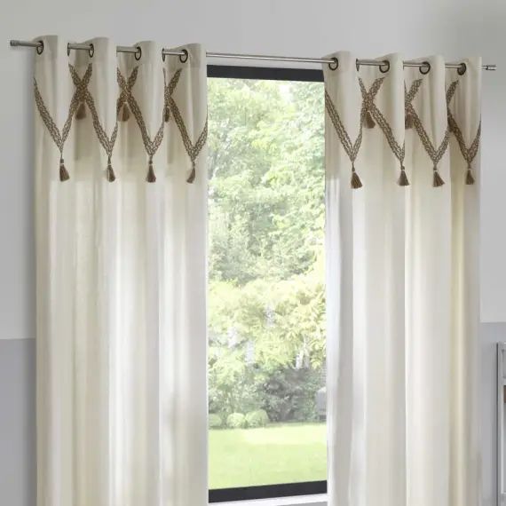 Rideau à pompons en coton et jute coton beige lin 260 x 140