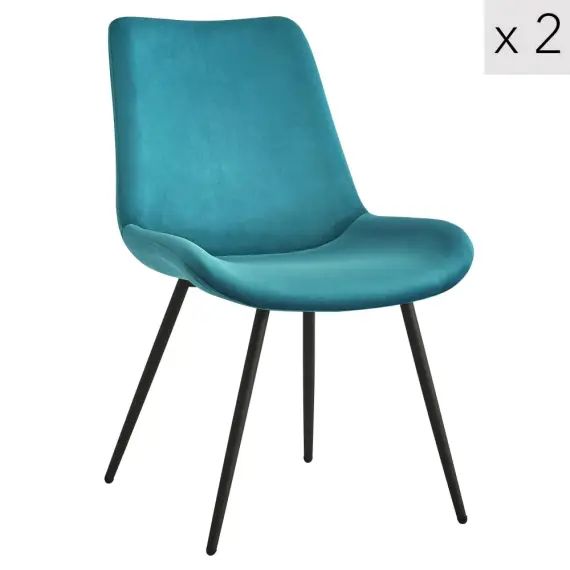 Lot de 2 chaises en métal et velours bleu canard