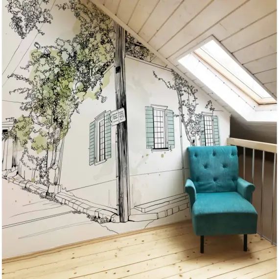 Papier peint panoramique village en fleurs 450 x 250 cm vert