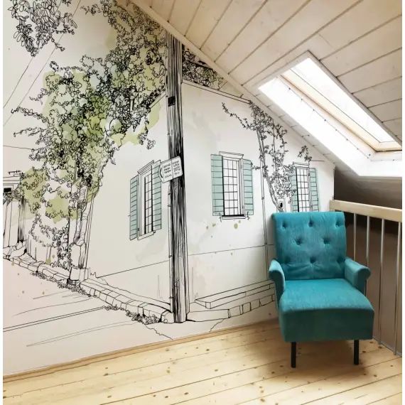 Papier peint panoramique village en fleurs 450 x 250 cm vert