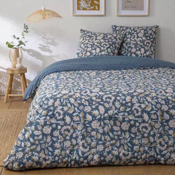 Parure de lit 2 personnes en percale 70 fils imprimé bleu 260x240cm