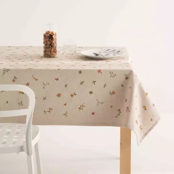 Nappe en lin imprimée taupe avec traitement anti-taches 140×240 cm