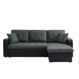 Canapé d’angle convertible en tissu 4 places gris et noir
