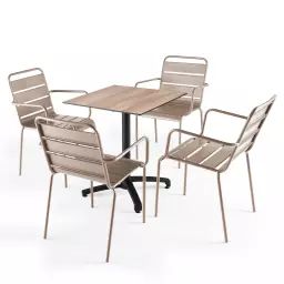 Ensemble table de jardin stratifié chene foncé et 4 fauteuils Taupe