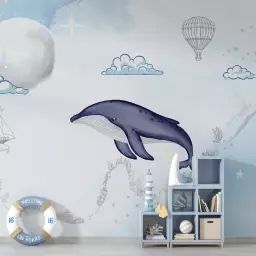 Papier peint panoramique enfant aquarelle baleine 336x270cm Atlantide