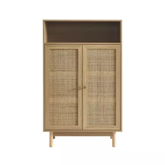 Buffet  effet chêne et cannage rotin 2 portes 80 cm