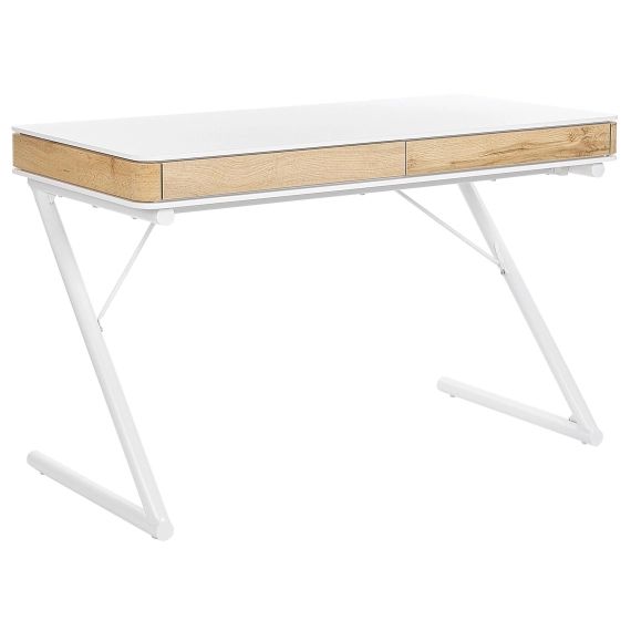 Bureau blanc effet bois clair avec 2 tiroirs 120 x 60 cm