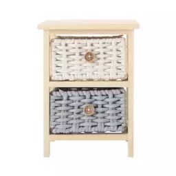 Table de chevet à 2 tiroirs en pin tressé et coton beige et gris