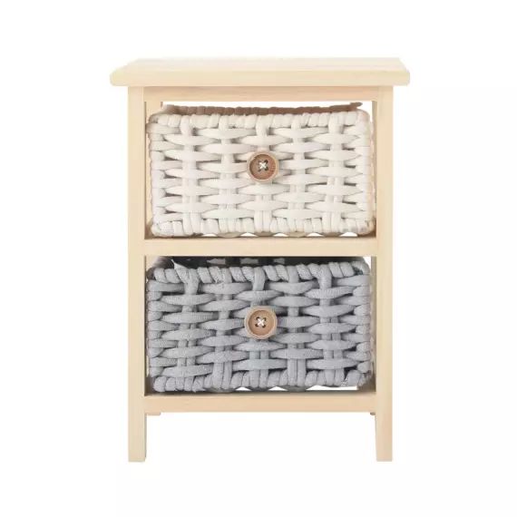 Table de chevet à 2 tiroirs en pin tressé et coton beige et gris