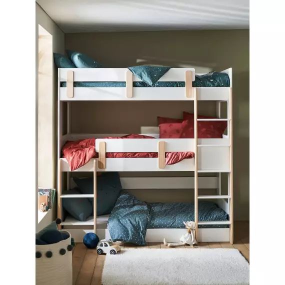 Lits superposés 3 niveaux LIGNE EVEREST blanc/bois
