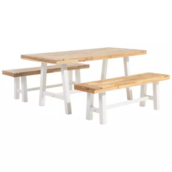 Set de jardin table et bancs en bois avec pieds blancs