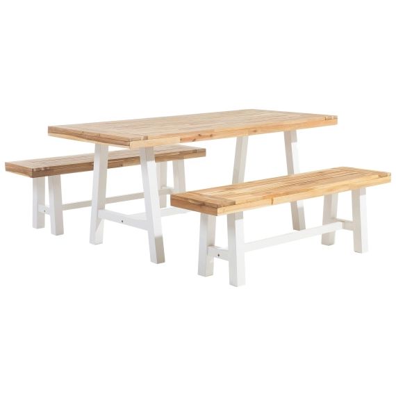 Set de jardin table et bancs en bois avec pieds blancs