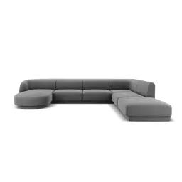 Canapé d’angle côté droit 6 places en tissu velours gris clair