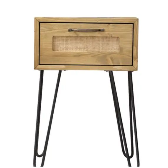 Table de chevet en bois de sapin et raphia en couleur marron