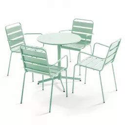 Ensemble table de jardin et 4 fauteuils métal vert sauge