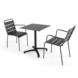 Ensemble table de jardin stratifié noir et 2 fauteuils palavas gris