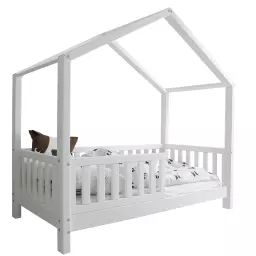 Lit cabane 90×190 barrière et sommier inclus pieds 10 cm – Blanc