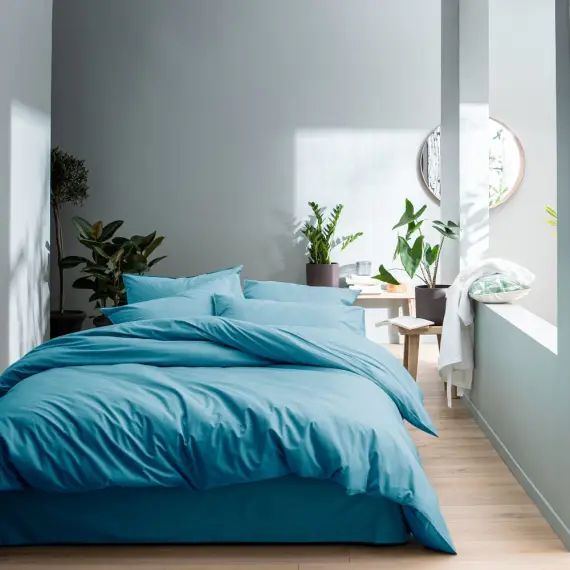 Parure de lit unie en coton lavé Bleu Glacier 260×240+2x65x65cm