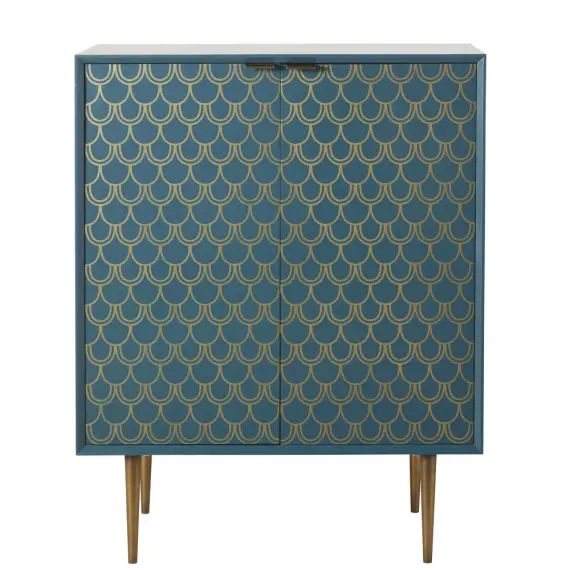 Buffet 2 portes bleu turquoise motifs graphiques dorés Barracuda
