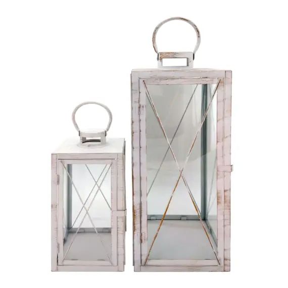 Lot de 2 grandes lanternes en métal et pvc blanc et doré