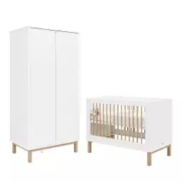 Chambre bébé : Duo – Lit bébé 60×120 armoire 2 portes blanc naturel