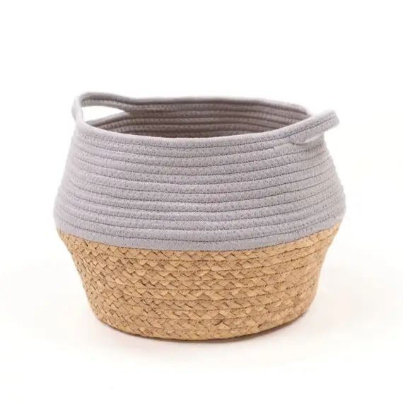 Panier rond tressé en coton gris clair 27×23