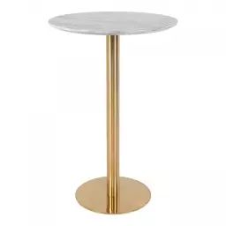 Table haute ronde effet marbre pied métal or