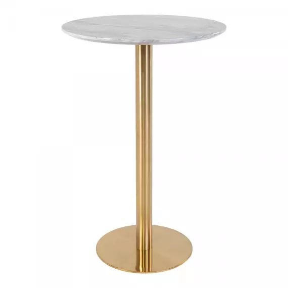 Table haute ronde effet marbre pied métal or