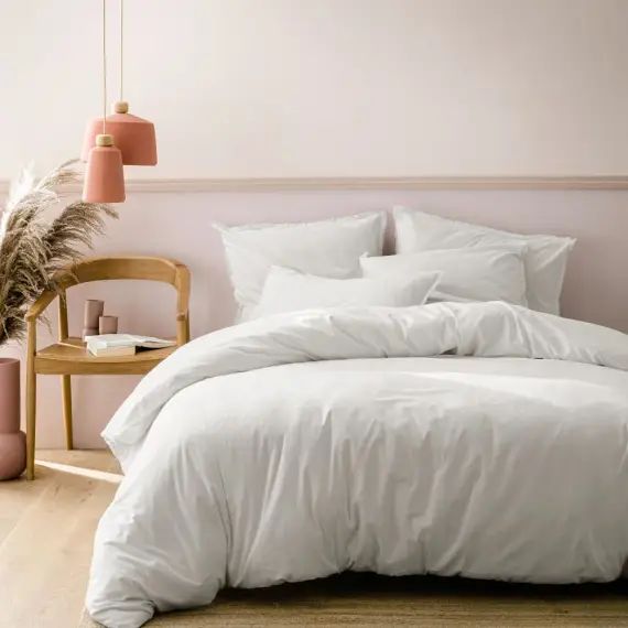 Parure de lit unie en coton lavé Blanc 240×220+2x65x65cm