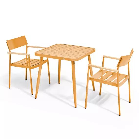 Ensemble table de jardin et 2 fauteuil aluminium/bois jaune moutarde