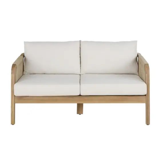 Banquette de jardin en bois d&rsquo;acacia massif et coussins écrus