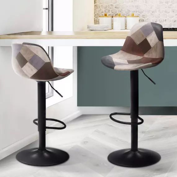 Lot de 2 tabourets de bar design pied noir assise patchwork marron