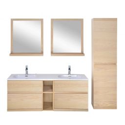 Meuble salle de bain avec colonne, vasque, miroirs effet bois clair