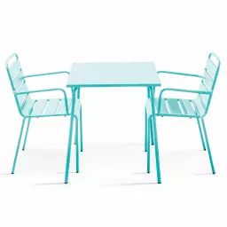 Ensemble table de jardin carrée et 2 fauteuils acier turquoise